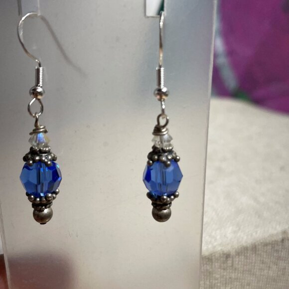 Artisan Blue Clear Crystal Dangle Earrings  1 ½” L NEW - Picture 4 of 6